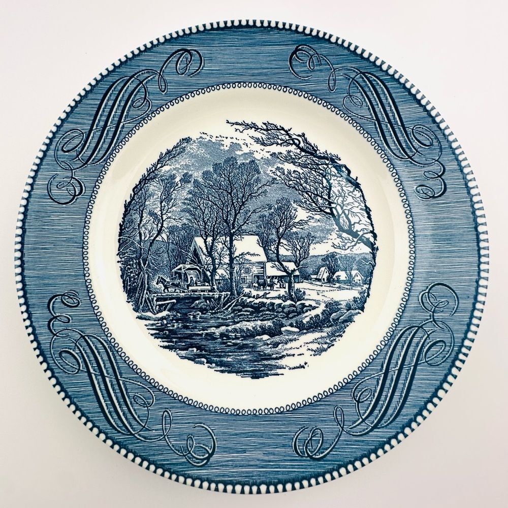 Vintage Currier & Ives Royal Old Grist Mill Blue White 8.5' Dinner Plate USA